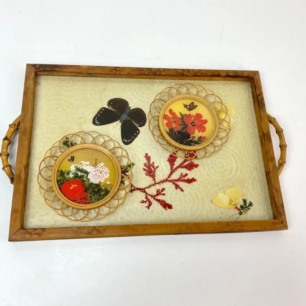 Vintage Bamboo Dried Flower Tray & Coasters Country Art Home Decor Bar Kitchen